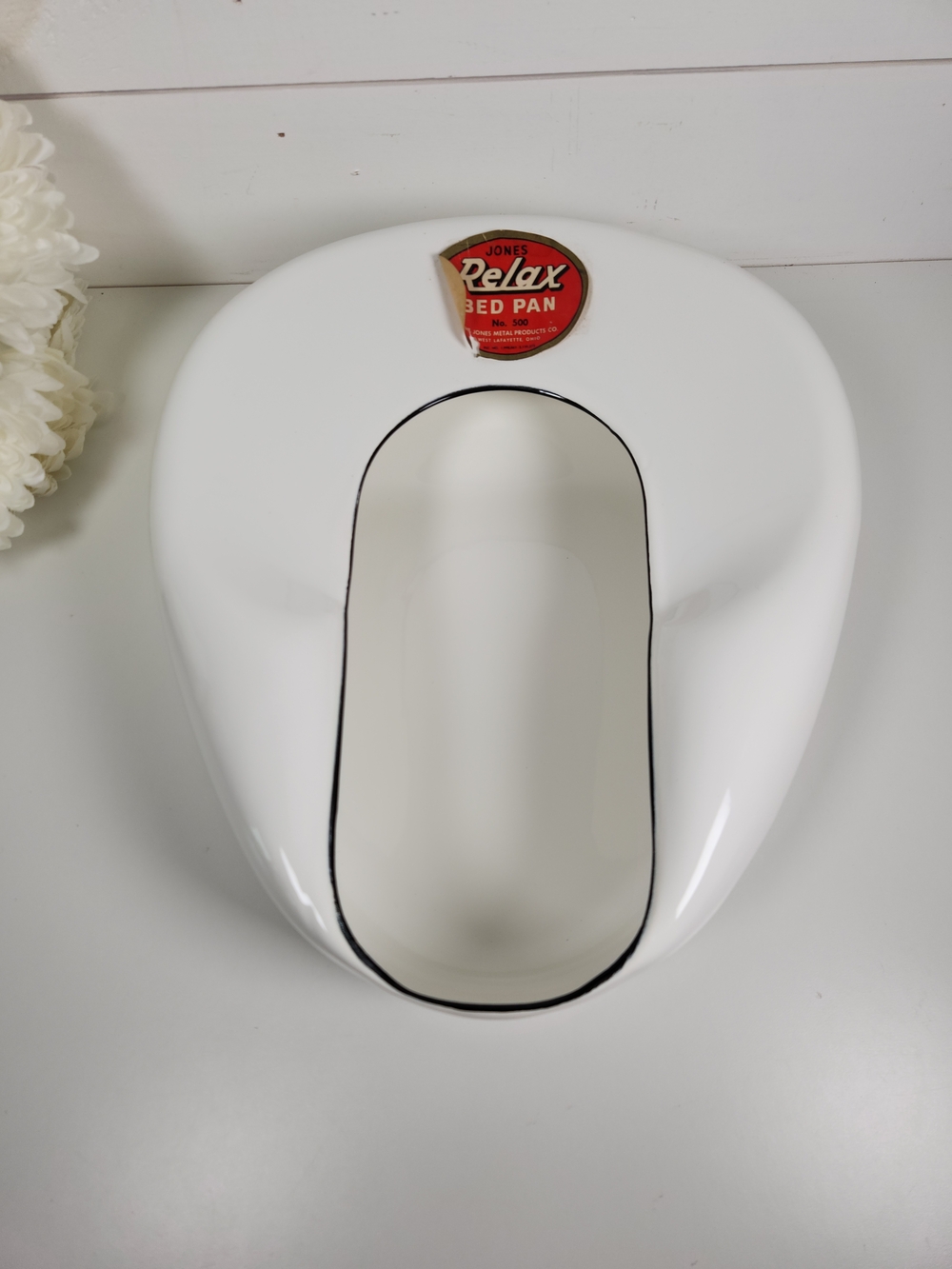 Vintage Jones Relax Porcelain Enamel Bed Pan, White & Black Trim